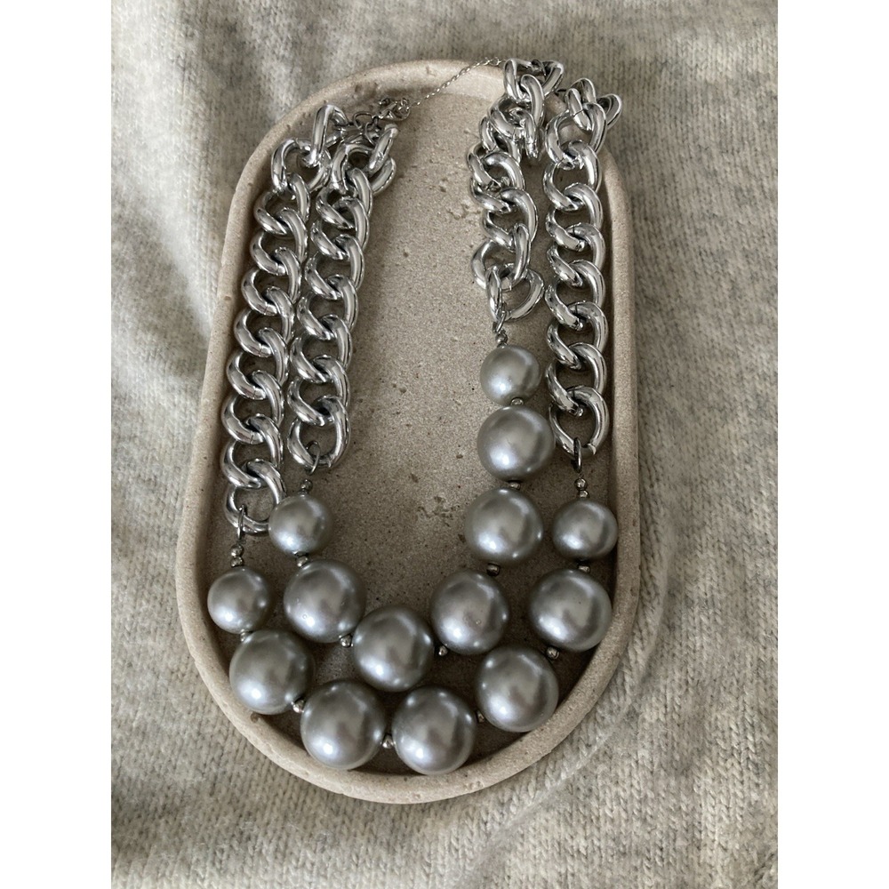 Multi Strand Statement Necklace Silver Tone Chunky Curb Chain Light Gray Layered
